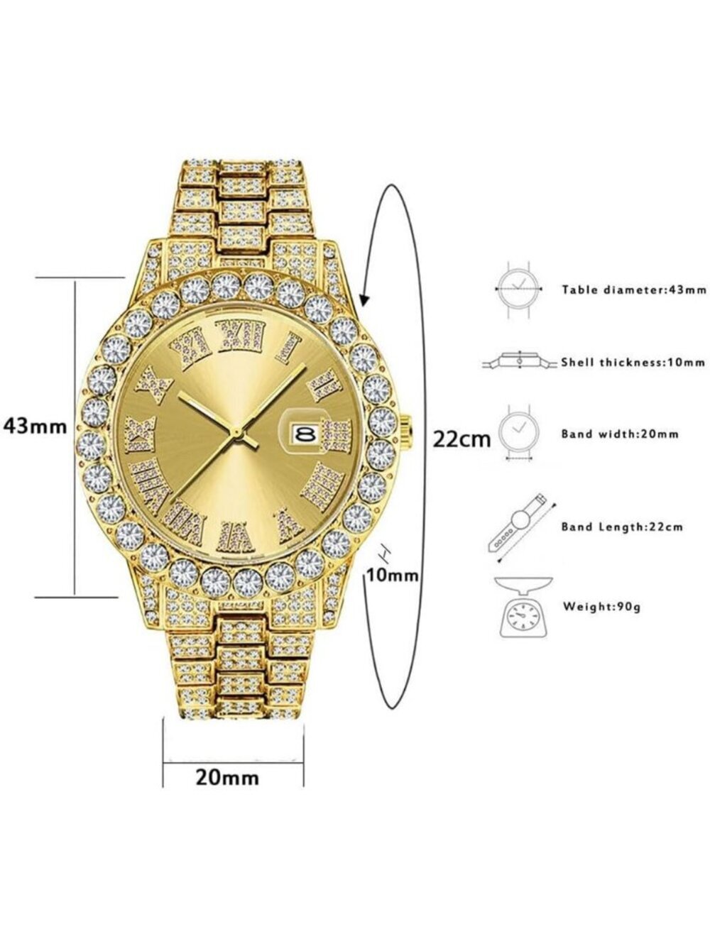 Men's All Gold Analog Crystal Rhinestone Diamond Iced-Out Bracelet Wrist Watch - Picture 6 of 6